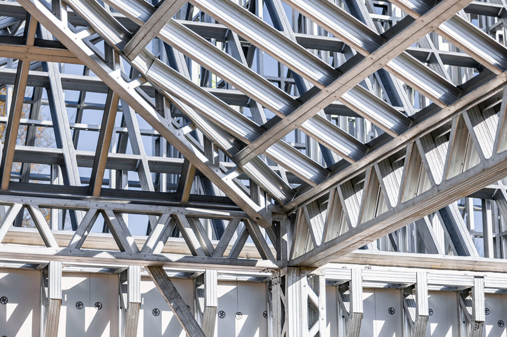 Light gauge steel framing system used for house construction. Wall to be clad with fibre cement board. Metal frame of a new modern house.